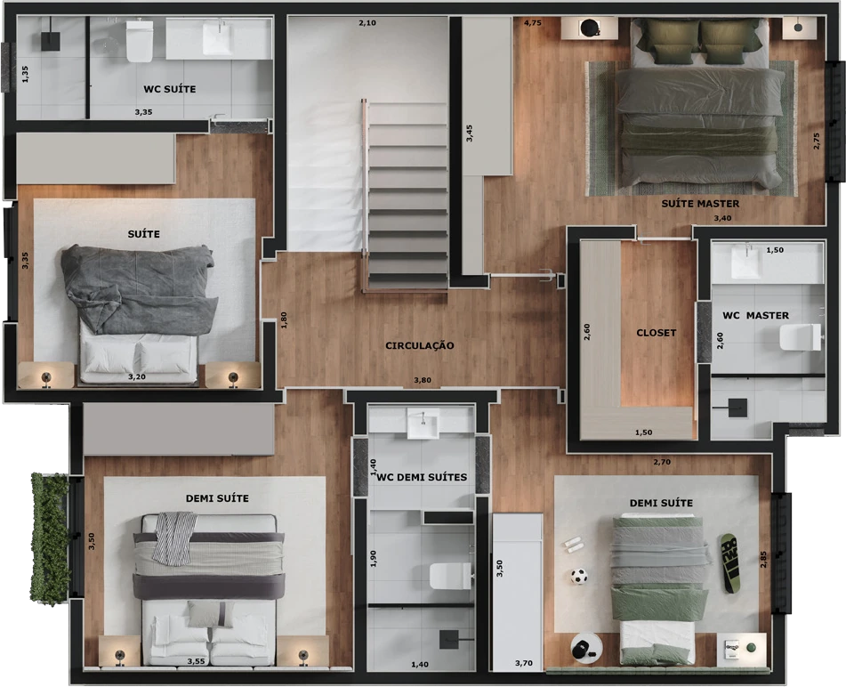 Planta humanizada do piso superior, com quatro dormitórios